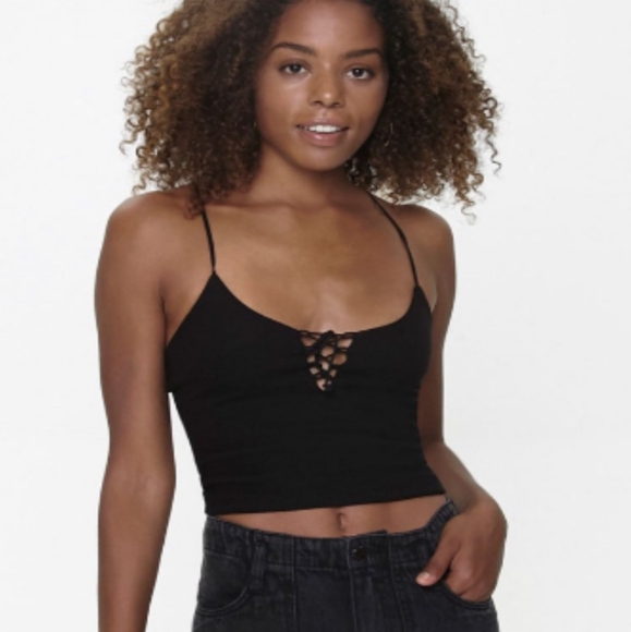 FOREVER 21 Y2K 90'S RIBBED CROPPED LACE-UP TANK, BLACK L - Picture 3 of 10